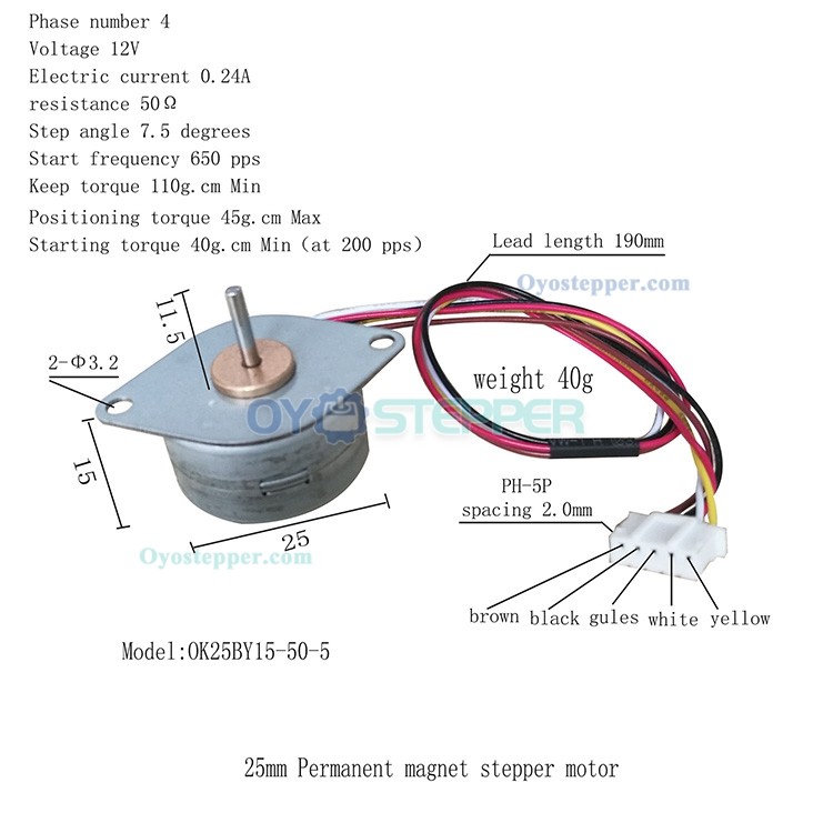 Oukeda PM Stepper Motor 4 Phase 7.5 Deg 0.24A 44mN.m 25x25mm Permanent Magnet Motor